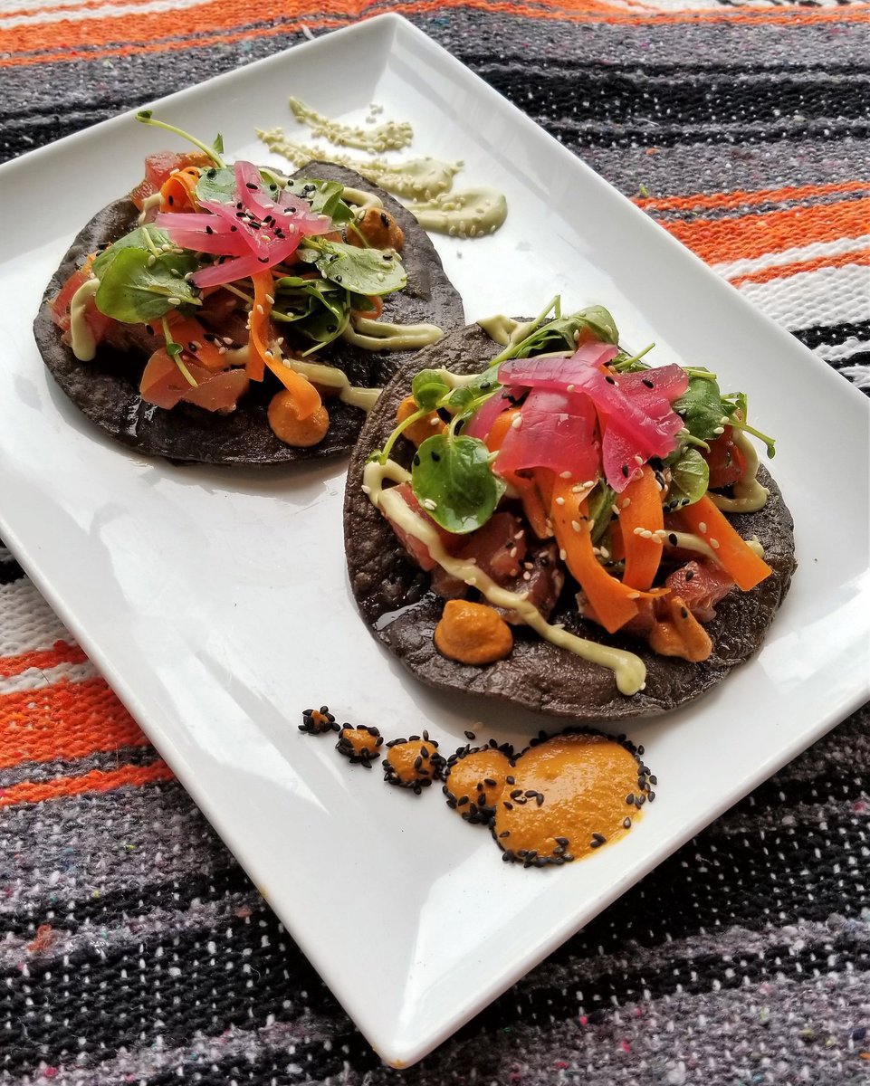 FestivaIndy's tweet photo. Valentine's Specials: Cupido - Hibiscus Syrup. Camarena Reposado, cava: Blue corn tostadas,  ginger/sesame tuna, avocado mayo, sesame seed/arbol salsa, carrots, daikon, pickled onion; Chile en Nogada -  picadillo, plantains, peaches, stuffed in poblano,  walnut/goat cheese salsa https://t.co/LZ1IKrLwaZ