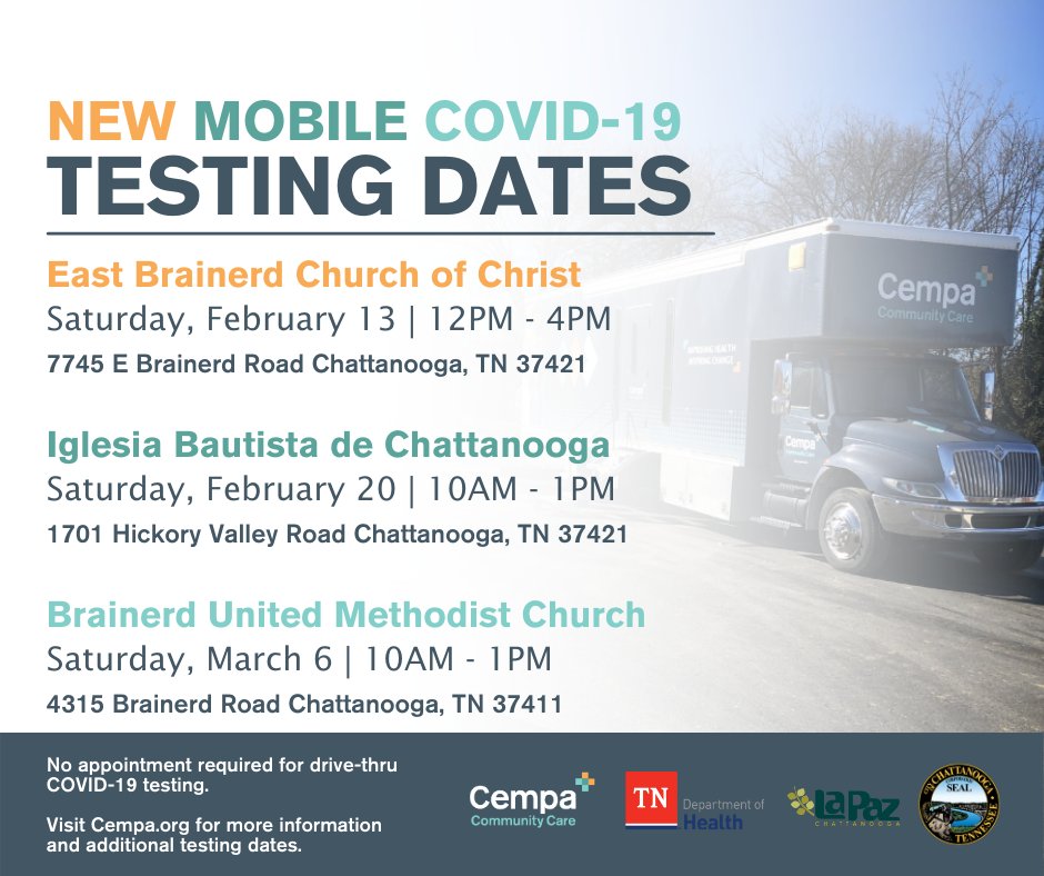 We're introducing new mobile COVID-19 testing dates on Saturdays! Come see us this weekend at East Brainerd Church of Christ to get tested for COVID-19 and take control of your health. cempa.org/community-cale…  #ChampionsForYourCause