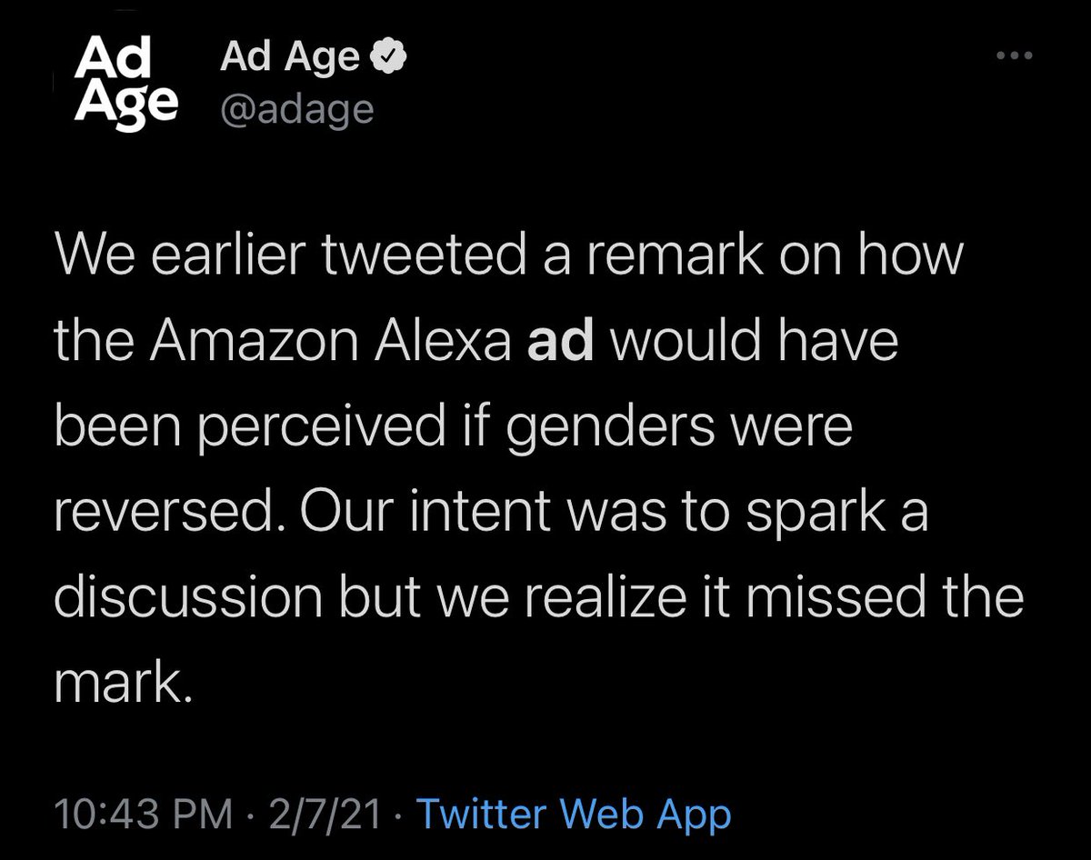 Most recently, our 2nd favorite ad publication decided to share an opinion on reverse-sexism in advertising. After deleting the tweet; tried defending it.Firstly, a brand account isn’t a place to share a personal opinion (unless it’s lighthearted - like every Pizza tweet today)
