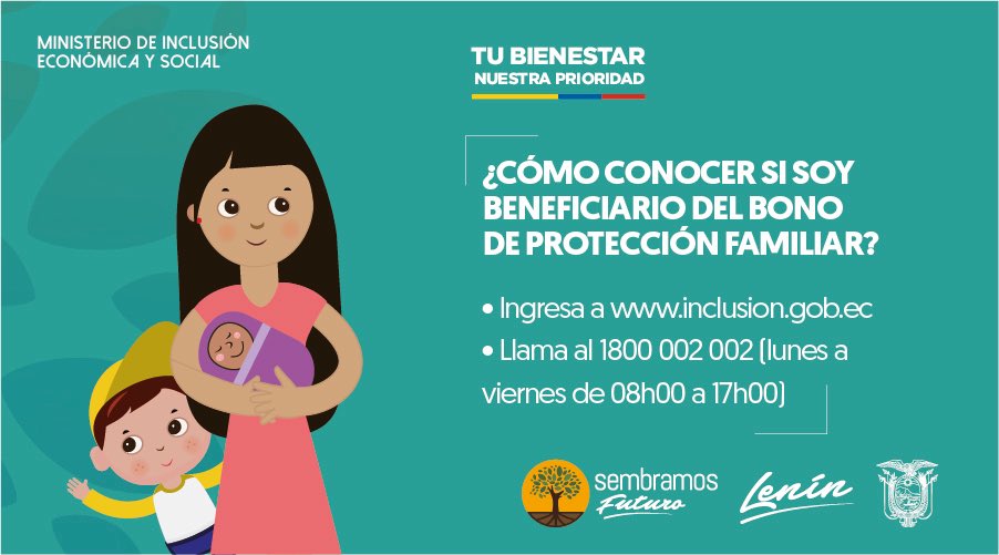 DHumanoEc's tweet photo. Para conocer si eres uno de los beneficiarios del #BonoProtecciónFamiliar 👨‍👩‍👧‍👦 acude a canales oficiales de información.

 ▶️ https://t.co/ITMJVfpapk

#RedProtecciónSocial 
#SembramosFuturo https://t.co/scnsGgEecT