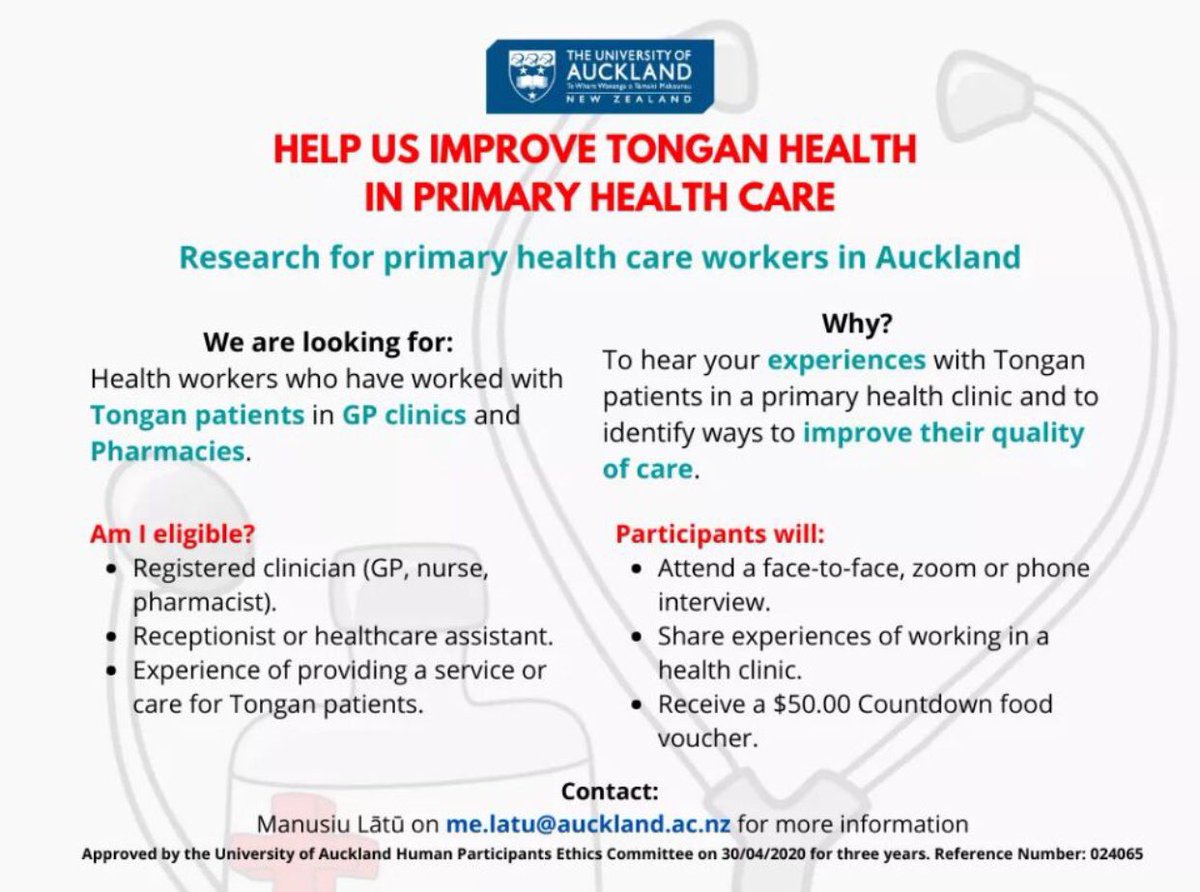 ATTENTION: Looking for primary health care workers in Auckland to participate in my amazing cousin’s PhD research study to improve Tongan health📣🇹🇴❤️ Please spread the word or for more information contact on flyer below xx #TonganHealth #Research #RT