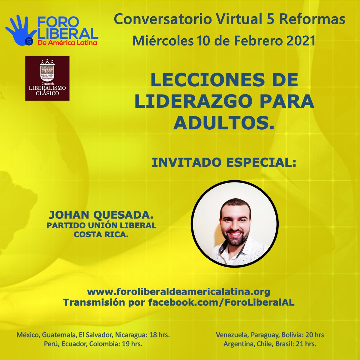 Cómo Todas las semanas, mañana Miércoles 10, nos reunimos en el Conversatorio Virtual
#5Reformas
#ForoLiberalAL
#5ReformasEnAccion
#5ReformasContinental
#CapitalismoParaTodos

facebook.com/ForoLiberalAL/