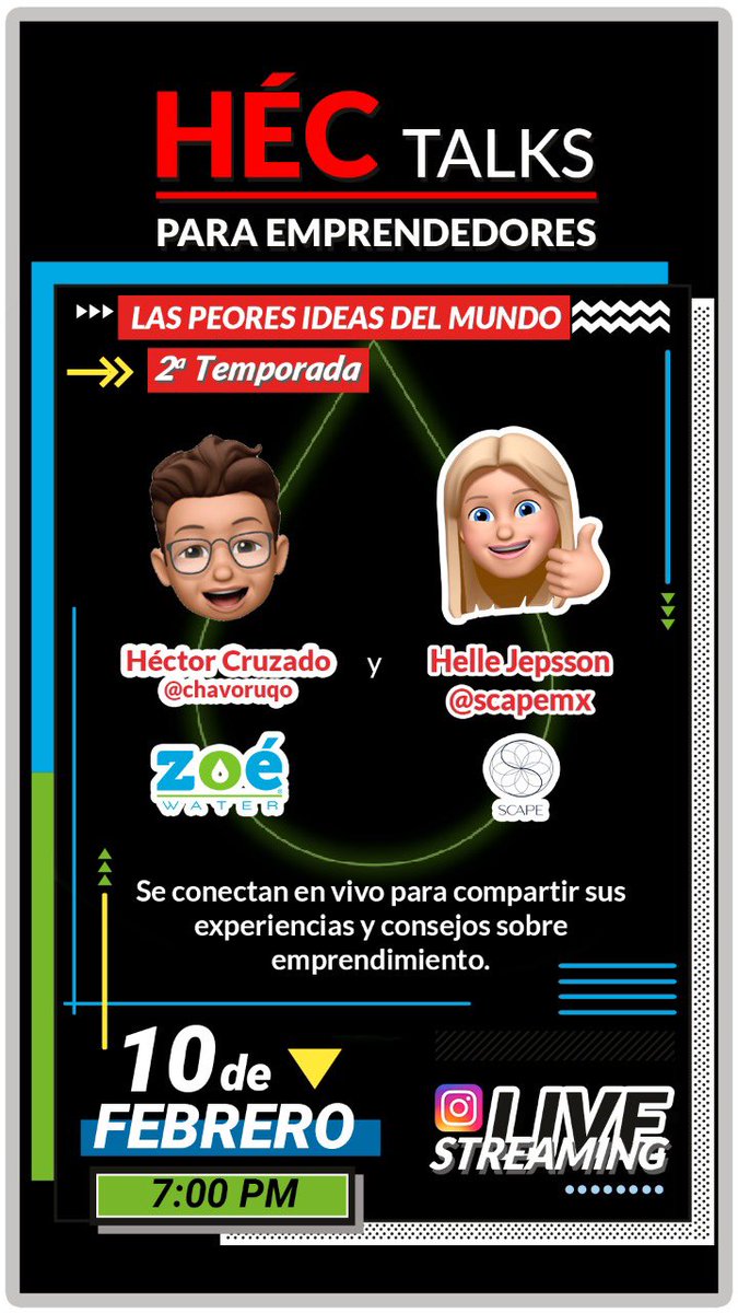 HelleJeppsson's tweet photo. Mañana Las Peores Ideas del Mundo con súper @chavoruqo de @zoe_water en el IG Live en @scapeMasajes #hectalks https://t.co/ctVfwqZKnf