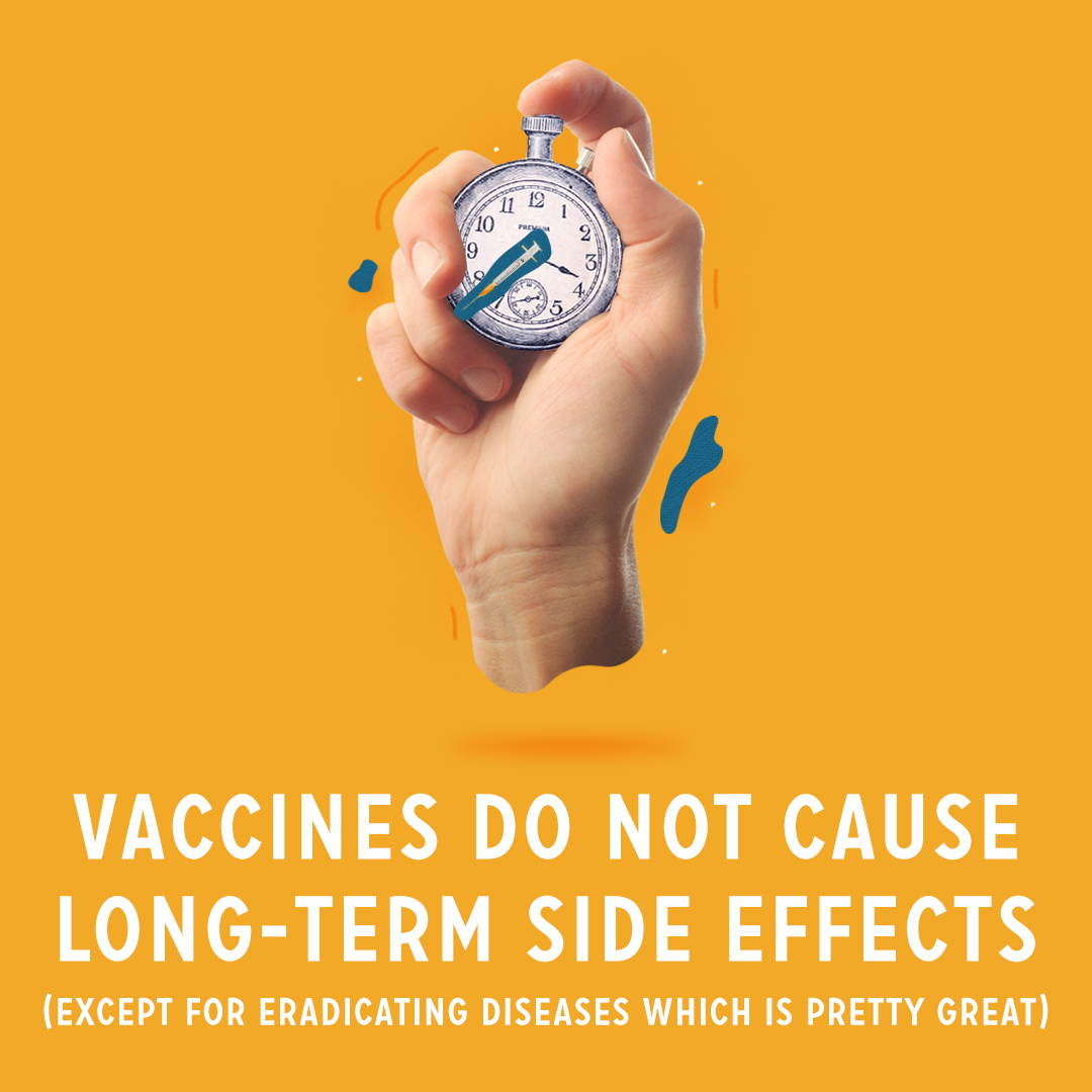 We know there are a lot of concerns about vaccines out there and we want to help. This particular post addresses how vaccines do not cause long-term health effects and also includes info about possible short-term side effects. (1/9)
