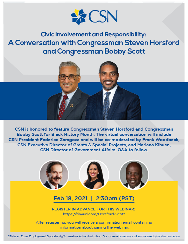 CSNCoyote's tweet photo. #CSN is honored to feature @RepHorsford and @BobbyScott4VA3 for a  #BlackHistoryMonth conversation on Feb 18 at 2:30 PM. @CSNPresident  Zaragoza will co-moderate with CSN Exec. Dir. of Grants &amp; Special Projects @frwoodbeck &amp; CSN Dir. of Govt. Affairs @MarianaKihuen https://t.co/tdnckyX8dE