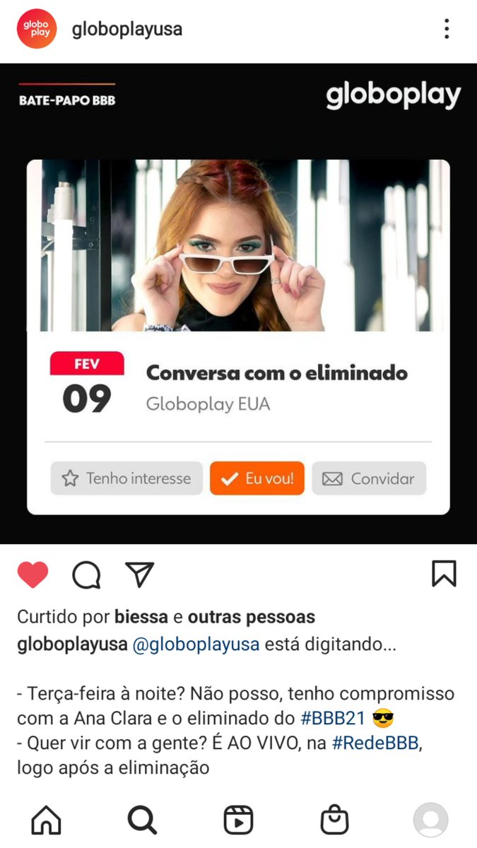 O perfil oficial do @globoplay nos Estados Unidos fazendo a divulgação do Bate-papo BBB com a Ana Clara. Hoje, logo após o programa na TV Globo. Achei chique, achei justo! #RedeBBB #BBB21 #GloboplayNosEUA #GloboplayUSA 
instagram.com/p/CLF0qGRnKRA/…