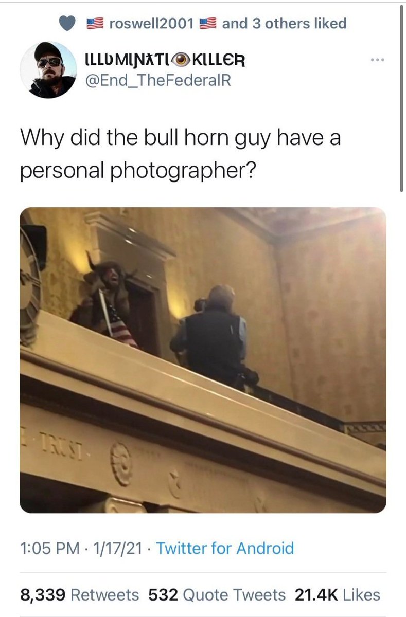 These are media propaganda photos. It was a staged production. The horn caveman guy strolled right into the Capitol building with the other paid BLM Antifa provacateurs dressed as cavemen. One of them is the son of a wealthy Progressive Dem NY Judge.