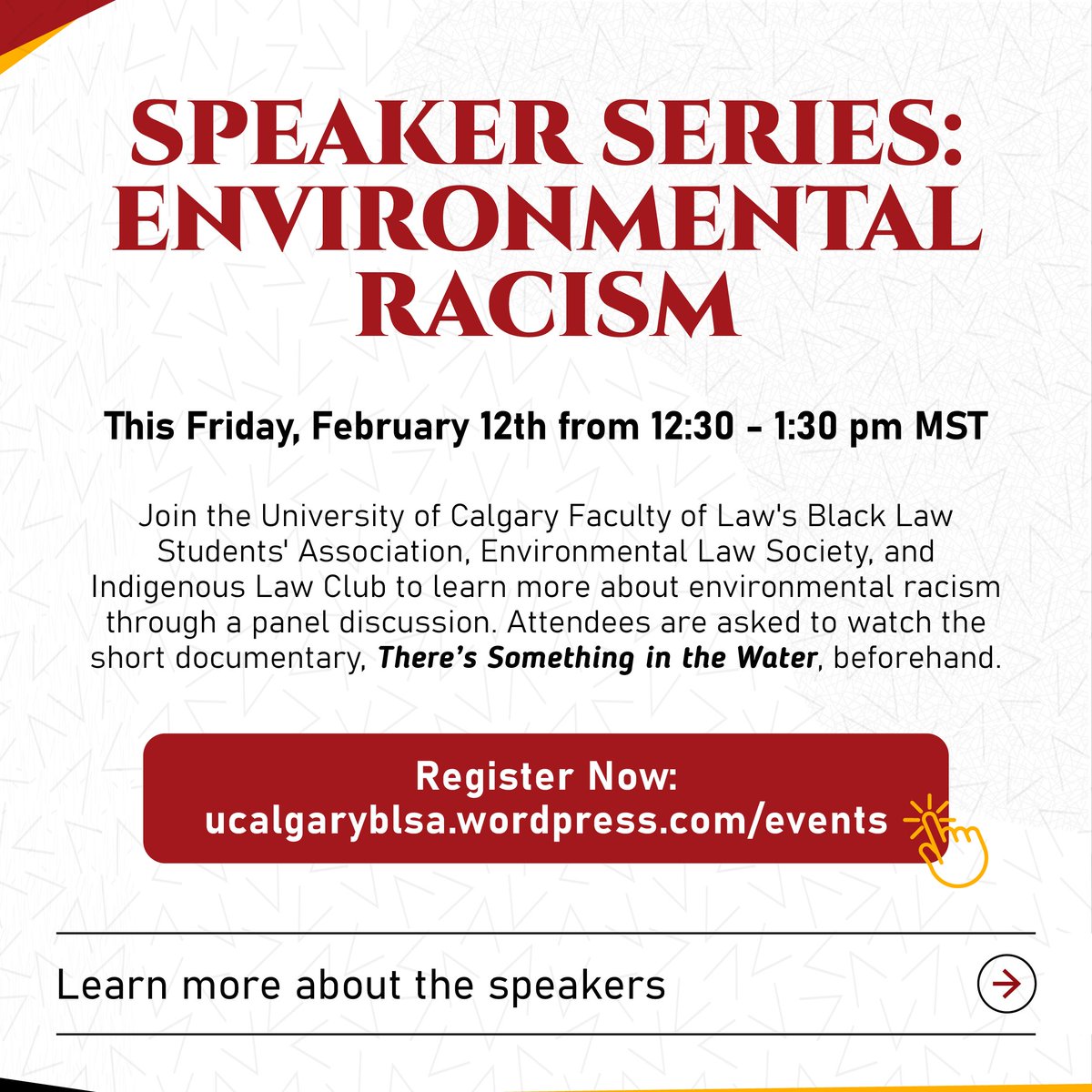 UofC_ELS's tweet photo. If you haven't already, sign up to join us, the Black Law Students' Association, and the Indigenous Law Club for a panel discussion on environmental racism in Canada - Friday, Feb 12th from 12:30-1:30pm MST 
https://t.co/q6zkizp7Iw @UCalgaryLaw https://t.co/mAos5Ob8Bx