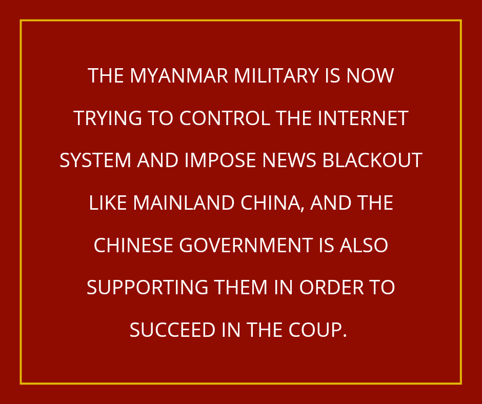 缅甸军方现在正试图像中国大陆一样控制互联网体系 中国政府也支持缅甸军方,为了成功政变。
တရုတ်အစိုးရဟာမြန်မာစစ်တပ်ကိုကူညီပြီးinternet systemကိုmainland chinaကဲ့သို့သတင်းအမှောင်ချရန်ကြိုးစားနေပါတယ် 
#WhatIsHappeningInMyanmar
#stopchinaintervention