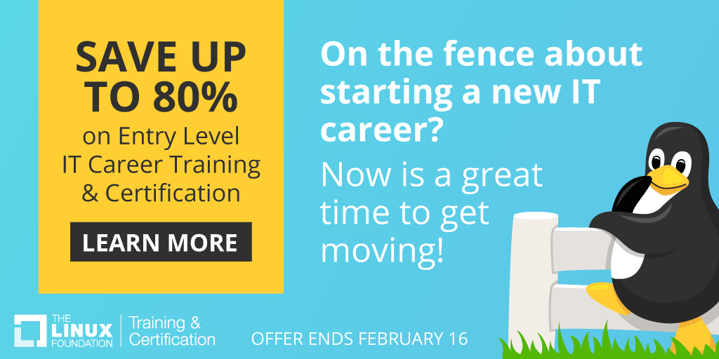 Linux_Education's tweet image. Looking to start a new IT career? Through Feb 16 @linuxfoundation is offering up to 80% off select entry-level IT career training &amp;amp; certification to help you get started! bit.ly/2KQLDiZ #learnlinux #LFCert #Linux #itjobs #itcareers