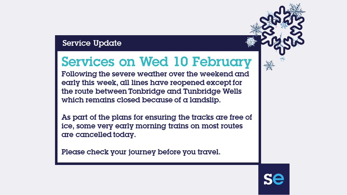 Se_Railway's tweet photo. ❄️ #SEWinter

🚆 All lines will reopen today.

🌨️ As part of the plans for ensuring the tracks are free of ice, some very early morning trains on most routes are cancelled today.

⏰ Journey planners are up to date with these changes so please check your journey. https://t.co/tYUigg0TLD