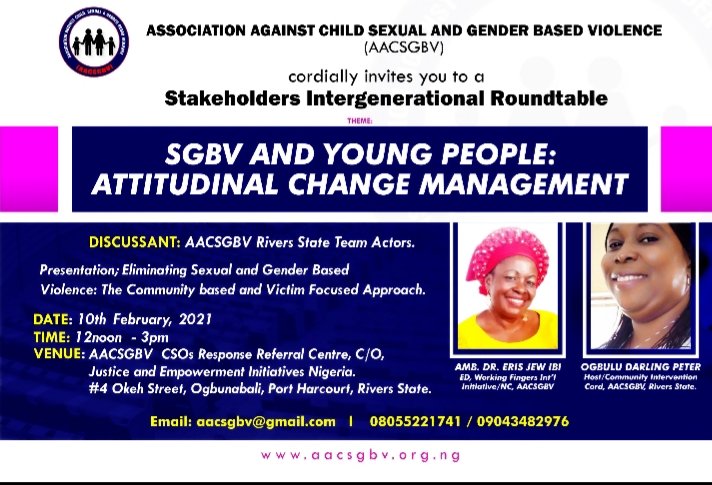 <a href="/NBCNews/">NBC News</a> <a href="/RSSDGs/">SDGs Rivers State</a> <a href="/RSSDGs/">SDGs Rivers State</a> <a href="/hrw/">Human Rights Watch</a> Discussing at stakeholders Intergenerational , with the youths themselves towards Elimination of SGBV in River s state and indeed Nigeria today promises to be be exciting. Join us if around PH