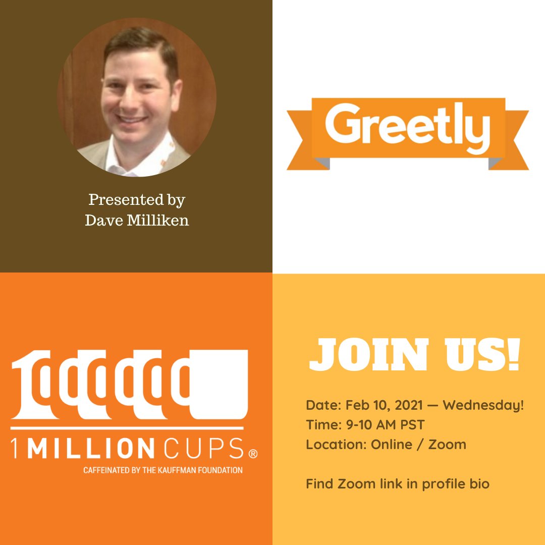 Join us Wednesday for virtual 1 Million Cups San Diego.
This week David brings us Greetly, a touchless visitor management system. Download Zoom and join the discussion at 9AM PST on Feb 10th. Zoom link is in bio.