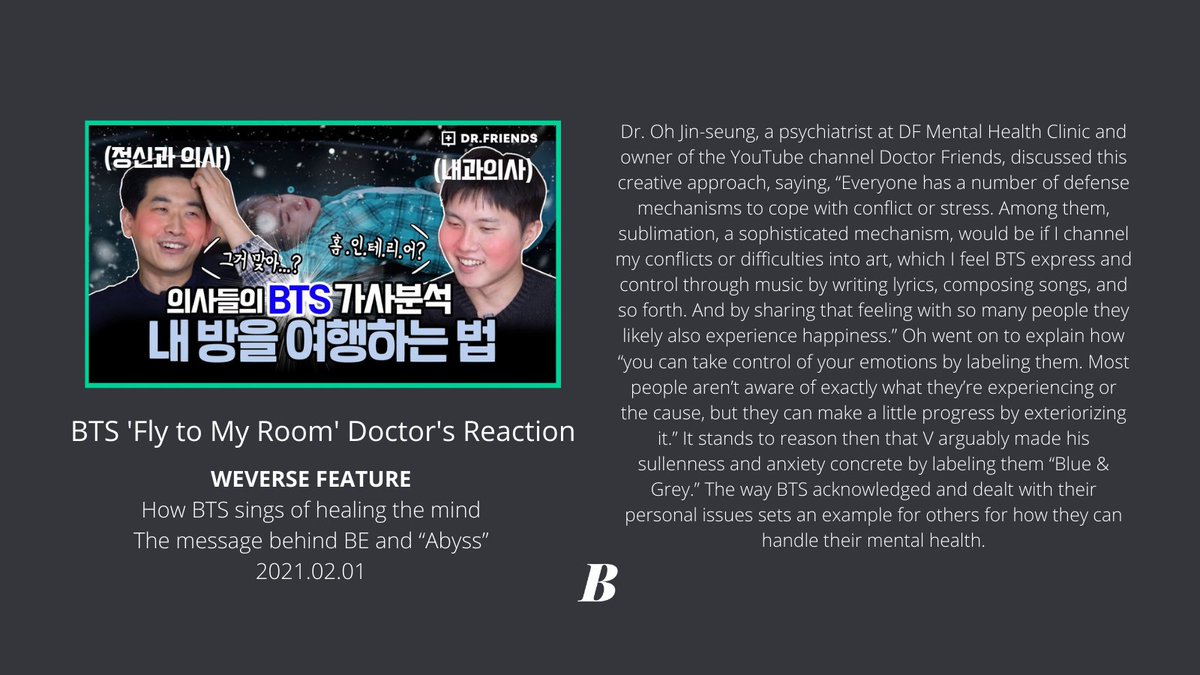 Dr. Oh's interview about BTS that he did for Weverse was;How BTS sings of healing the mindThe message behind BE and “Abyss”2021.02.01  @BTS_twt  #BTSResearch https://magazine.weverse.io/article/view?num=104&lang=en