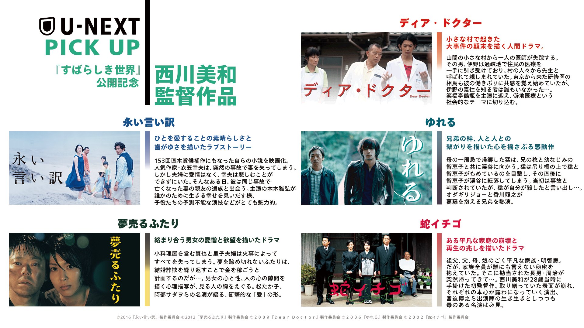 U Next 西川美和 監督作品 U Nextで好評配信中 永い言い訳 夢売るふたり ディア ドクター ゆれる 蛇イチゴ 劇場公開中の すばらしき世界 とあわせて こちらもぜひチェックしてみてくださいね 視聴はこちら T Co 0q3qglrvpz