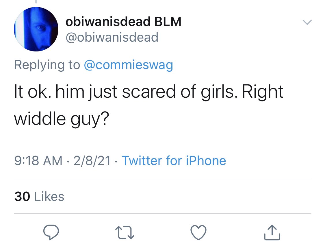 hi couldnt help but notice that you didnt actually screenshot any of the replies in question. presumably so people would assume they were making the same point instead of all being unhinged shit about how the kid wants to fuck the girl with his tiny dick  https://twitter.com/canderaid/status/1359312044416266245?s=21