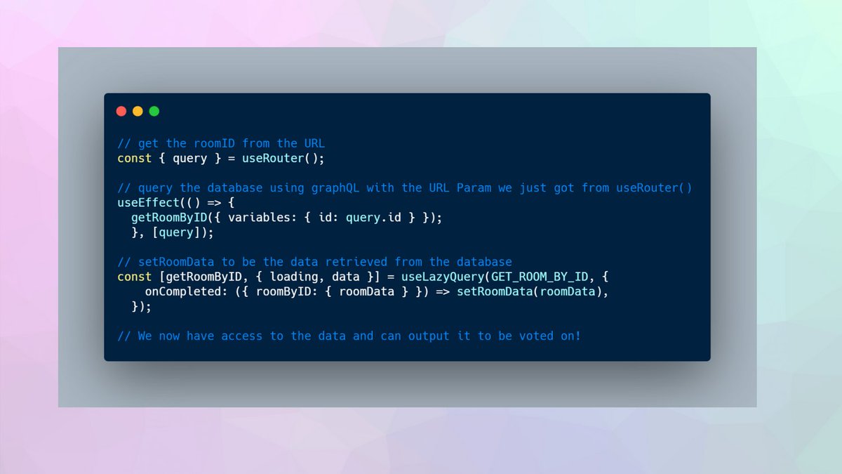 CollabWebApp's tweet image. Our useRouter() function parses the URL and extracts the room ID. Then we use the ID to query the database. If the room exists, the room data is returned, with which we create a voting room 🥳 #100DaysOfCode #graphQL #CodeNewbie