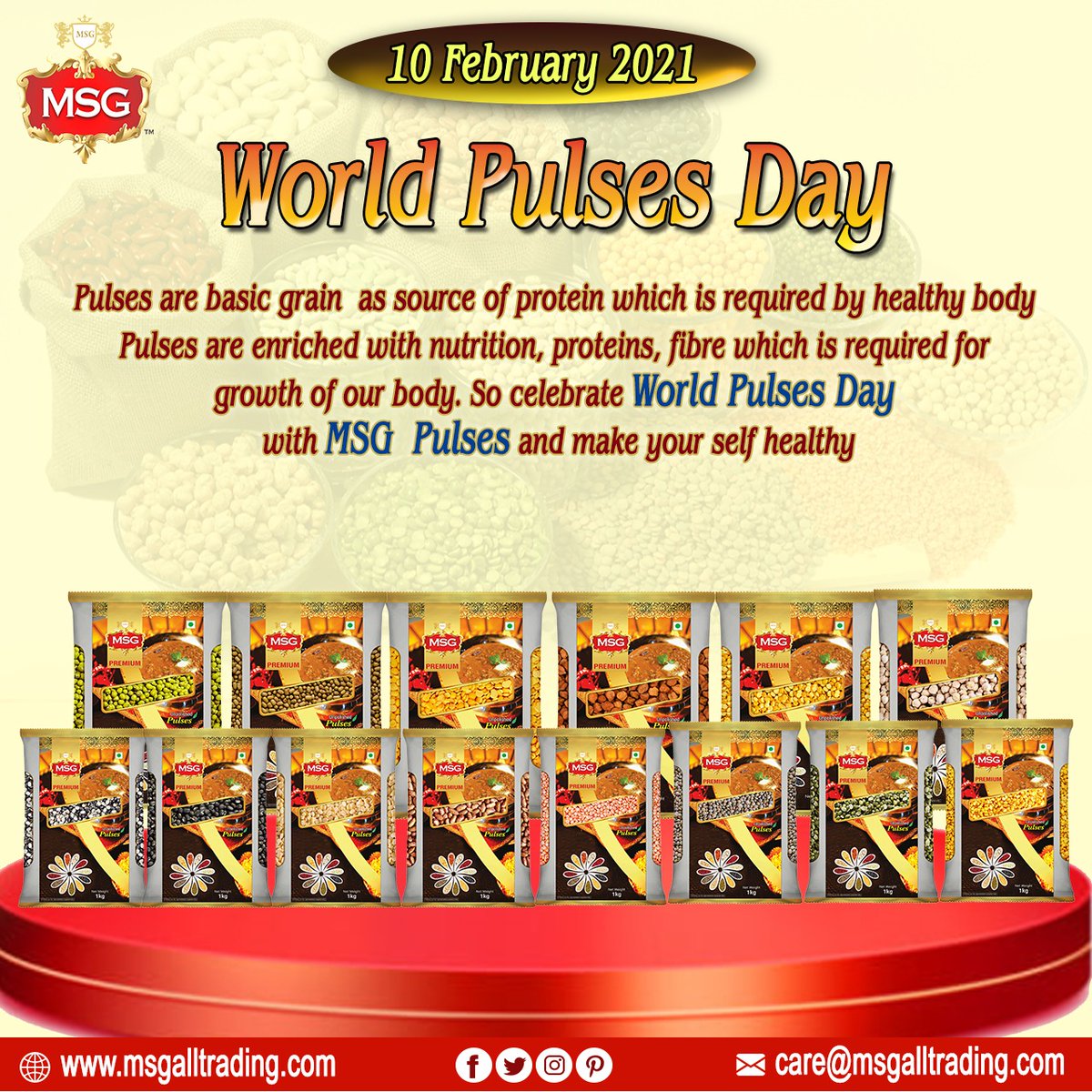 MSG Pulse are enriched with nutrition, protein, fibre which is essential for good health. 

It is purely organic 
It contain all nutrients 
It consist proteins 
It is easily digestible

#MSGPulses
#ArharDal
#ChanaBlack
#ChanaDal
#ChanaWhite
#MasoorDal
#MasoorWhole
#MoongChilka
