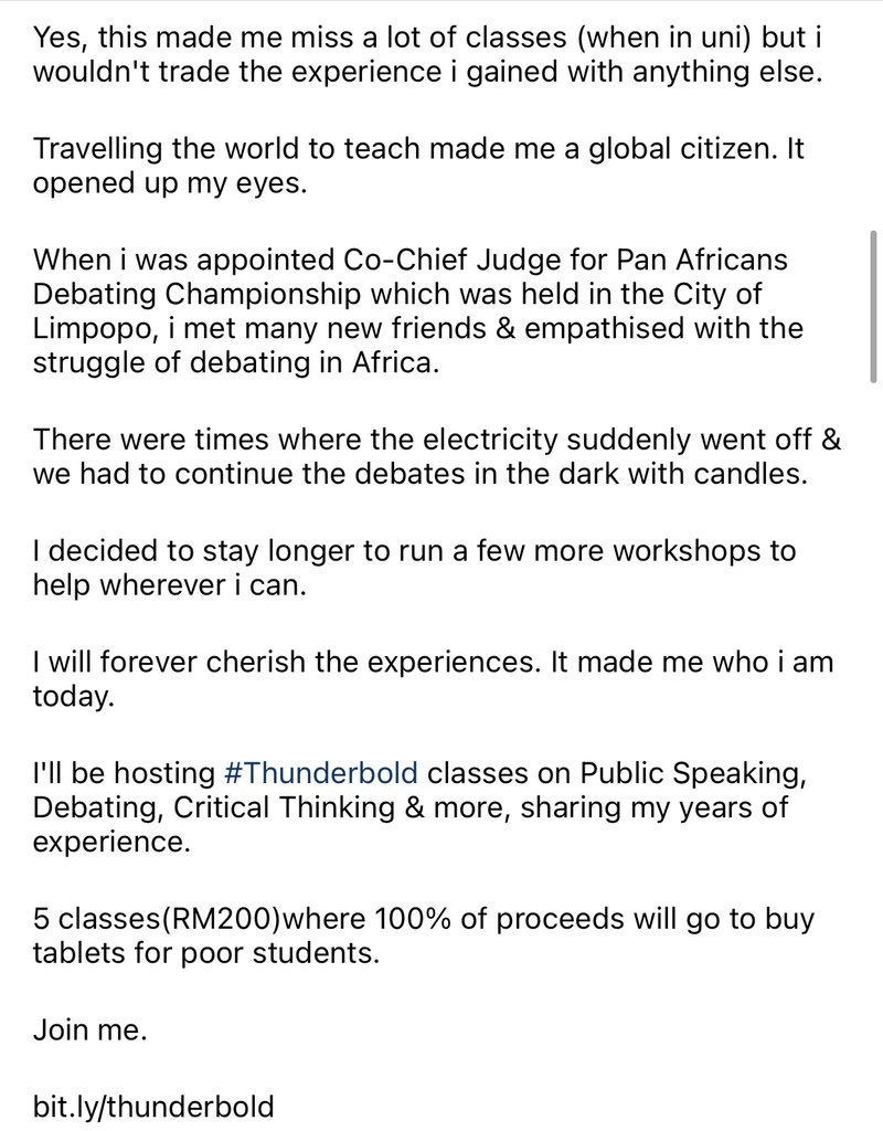SyedSaddiq's tweet image. My Throwback Version 6.

I&apos;ll be hosting #Thunderbold classes on Public Speaking, Debating, Critical Thinking &amp;amp; more, sharing my years of experience.

5 classes(RM200)where 100% of proceeds will go to buy tablets for poor students.

Join me.

bit.ly/thunderbold