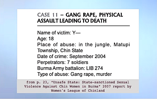3. September 2004: This data from “Unsafe State: State-sanctioned Sexual Violence Against Chin Women in Burma” 2007 report by Women's League of Chinland is one of countless murders of women by Burma/Myanmar military documented by NGOs & INGOs for decades.  https://www.burmalibrary.org/docs4/UnsafeState.pdf