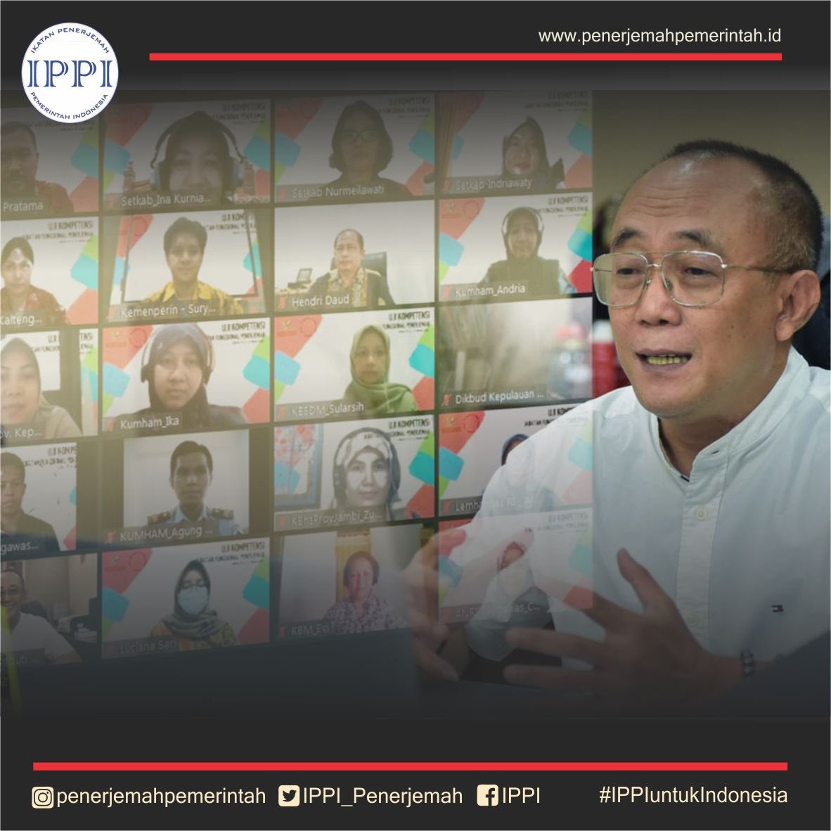 #KawanPenerjemah, Pusat Pembinaan Penerjemah <a href="/setkabgoid/">Sekretariat Kabinet</a> mengadakan Uji Kompetensi secara daring pada 8–11 Februari 2021. Uji Kompetensi ini merupakan salah satu syarat yang harus dipenuhi oleh penerjemah pemerintah untuk menduduki jabatan lebih tinggi.

#IPPIuntukIndonesia