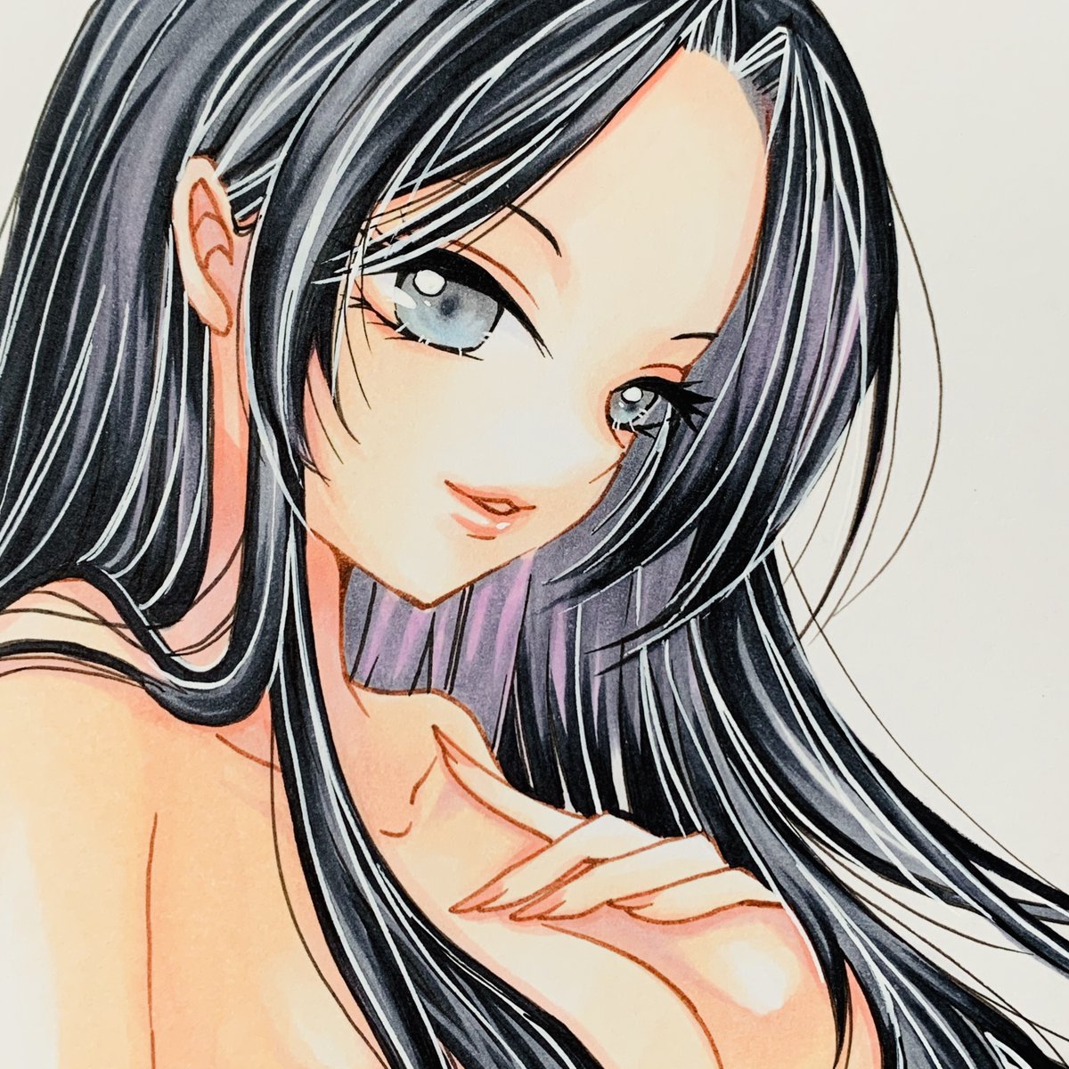 オリジナル 黒髪のお姉さん 髪ブラです 艸 たゆんたゆん コピック 結希 花 Yuuki Hana のイラスト