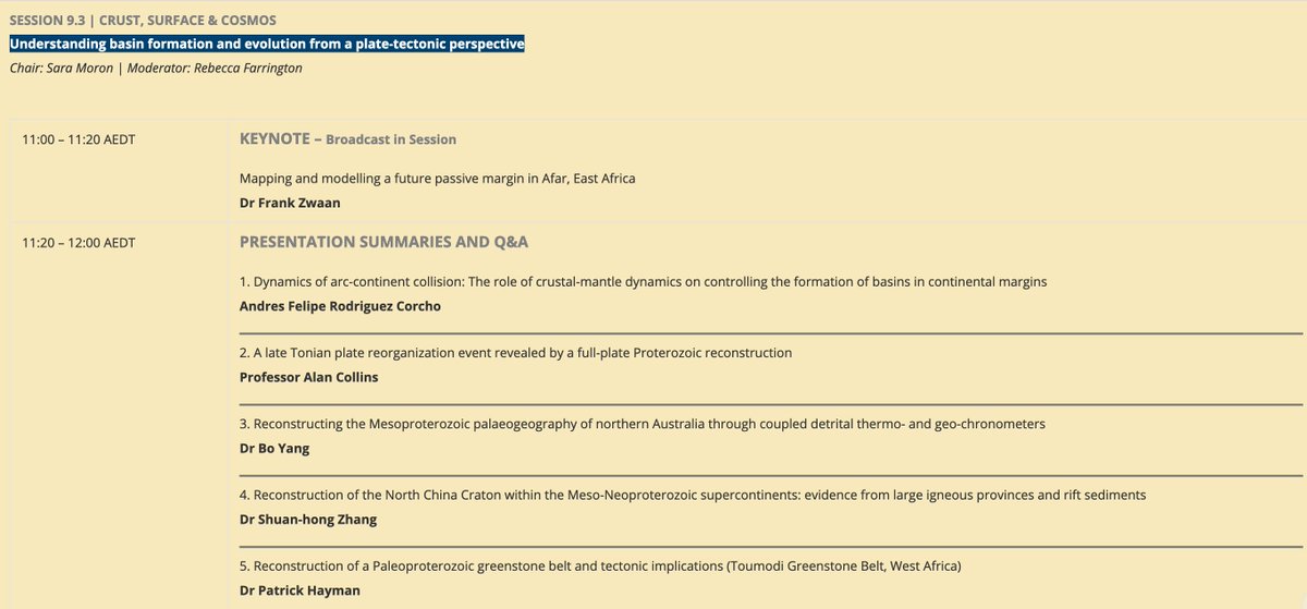 Add SESSION 9.3 of #AESC2021 to your calendar!! 

Connect tomorrow 11/02 at 11am to listen to a bunch of great talks about basin formation and evolution from a plate-tectonic perspective
 @ZwaanFrank @andrescorcho95 @geoAlanC @_BecFarrington_ @BasinGenesisHub @EarthByteGroup