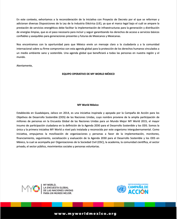 FernandaPardoM's tweet photo. Como ciudadana de Nayarit y Embajadora de @MYWorldMexico solicito respetuosamente a las senadoras @Corasenadora1 y @GloriaNunezs reconsiderar la Iniciativa con Proyecto de Decreto por el que se reforman y adicionan diversas Disposiciones de la Ley de la Industria Eléctrica (#LIE) https://t.co/rbpbCwoXTJ
