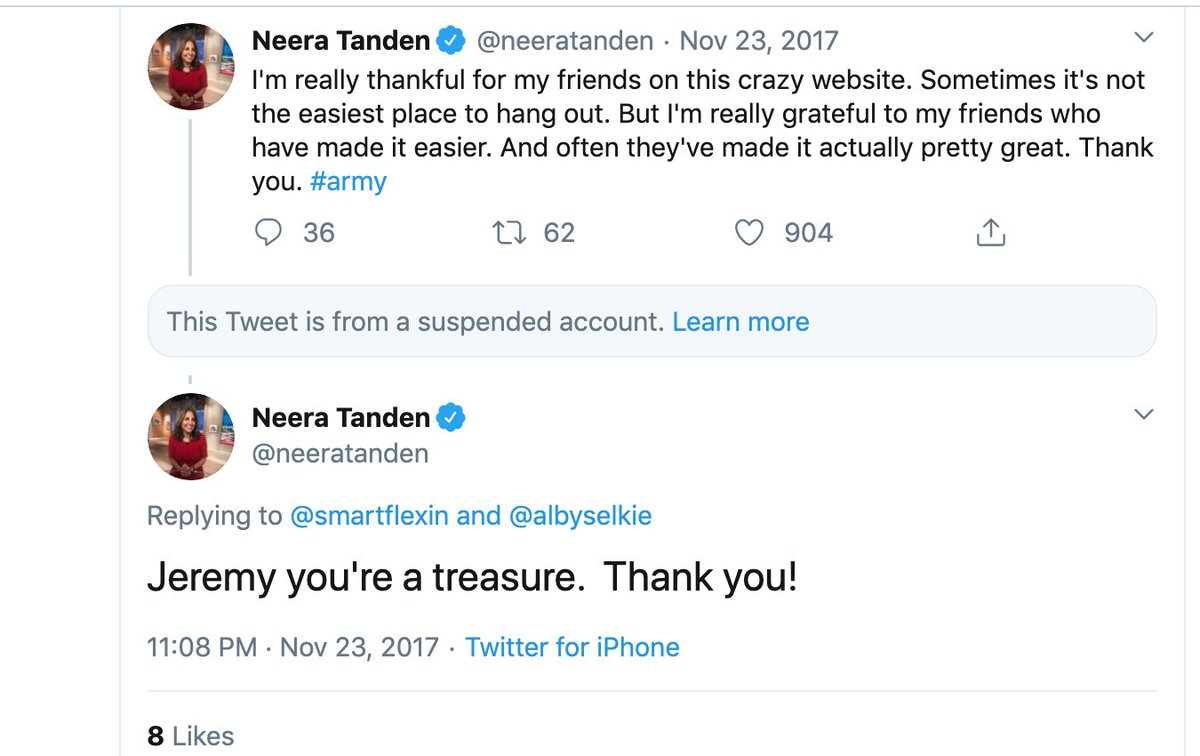 who claim to support him even if Sanders has nothing to do w/ them. But who does Neera hang out w/ in real life & call friends & signal boost? Abusive trolls like Jeremy, w/ whom she's pictured & calls a "treasure" & part of her "army." He's been banned for tweets like these: