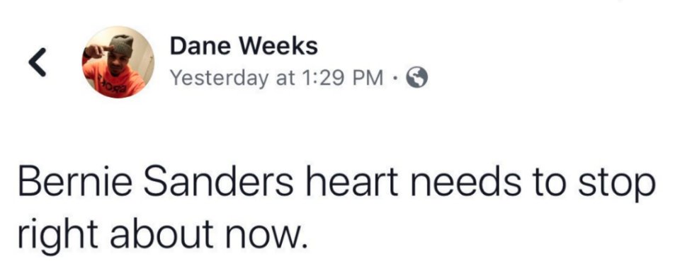 Mr. Weeks also sells "Fuck Bernie" merch, tweets that he wants him to die and has some creative things to say about medicare for all.