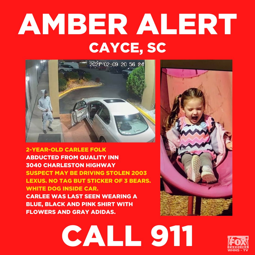 foxcarolinanews's tweet photo. SHARE THIS EVERYWHERE! ￼🚨 AMBER ALERT: 2-year-old Carlee Folk was abducted in Cayce, SC. Police say a suspect stole her mom’s 2003 tan Lexus with Carlee and the family dog inside. More info here:
https://t.co/KrVdjOu18y... https://t.co/KqzwhUloTx