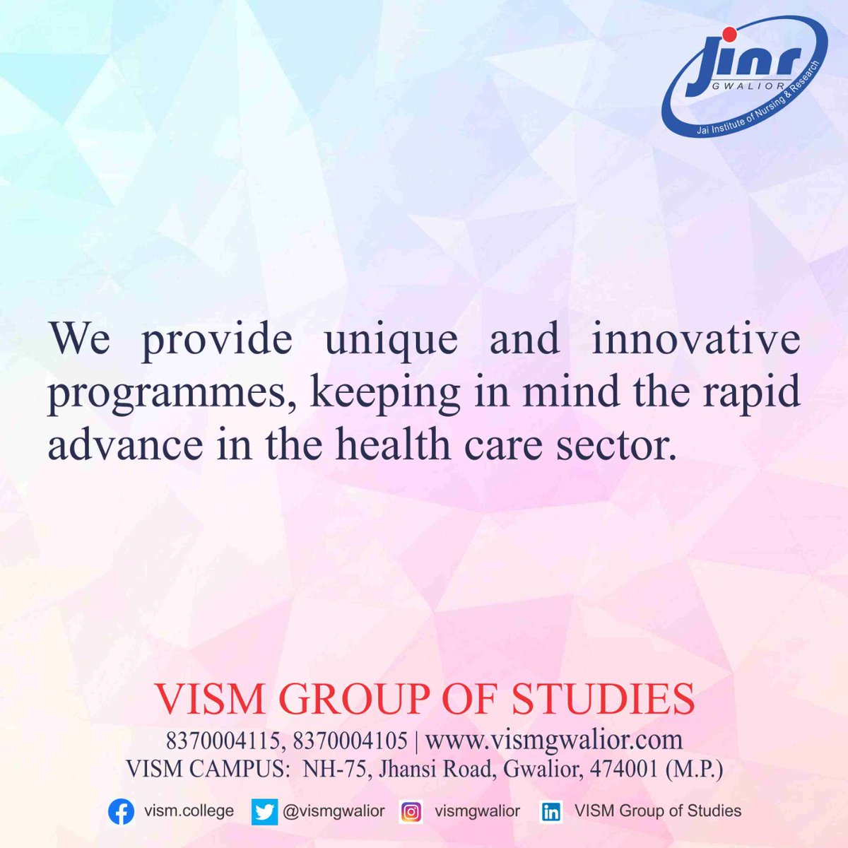 VISMGwalior's tweet photo. Jai Institute of Nursing &amp; Research (JINR)
#VISMGroup #BestNursingcollege #Gwalior #Top_Nursing_Institute 
#MadhyaPradesh https://t.co/yIdES1rvPv