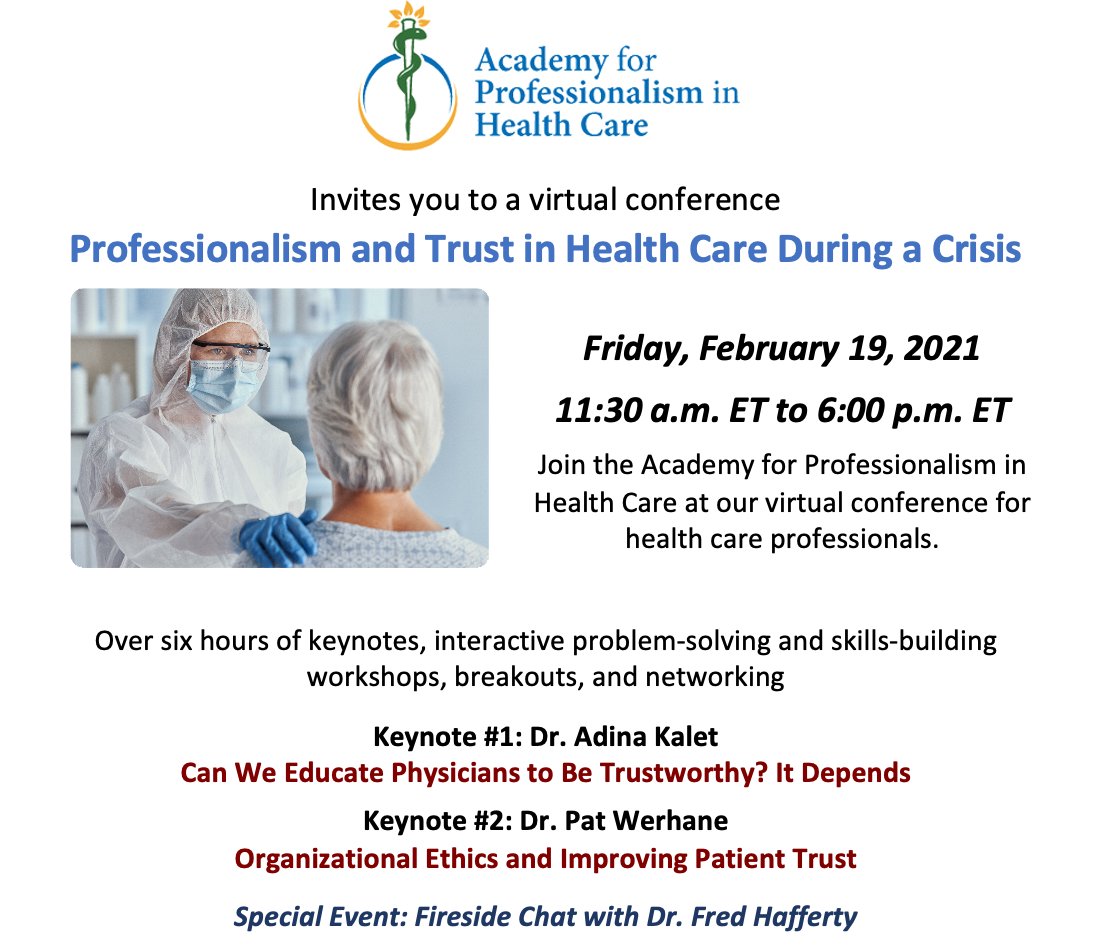 Join <a href="/TheAPHC/">TheAPHC</a> on #Trust in #healthcare during a crisis.
Info: academy-professionalism.org 

<a href="/HarvardMacy/">Harvard Macy</a> <a href="/macyfoundation/">Macy Foundation</a> <a href="/KristinaDzara/">Kristina Dzara, PhD, MMSc</a> <a href="/drjfrank/">Dr Jason Frank</a> <a href="/NAPractice/">National Academies of Practice (NAP)</a> @HumanitiesinHPE <a href="/IC4CH/">Intl Consortium for Communication in Health Care</a> <a href="/GoldFdtn/">Gold Foundation</a> #MedEd #bioethics #SocialWorkTwitter #hmieducators <a href="/DrHowardLiu/">Howard Liu, MD MBA</a> <a href="/DrJRMarcelin/">Jasmine R Marcelin, MD, FACP, FIDSA 🦠</a> #EOL #hcldr