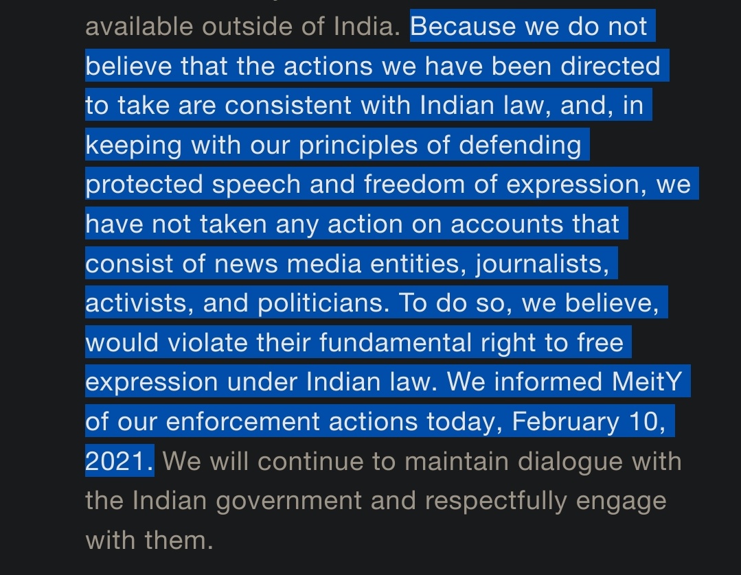 Update: Twitter has issued a public statement on the blocking orders here:  https://blog.twitter.com/en_in/topics/company/2020/twitters-response-indian-government.htmlThere needs to be transparency from  @GoI_MeitY on the orders that have been sent.I hope this goes to court & Section 69a gets written down to provide more transparency from govt