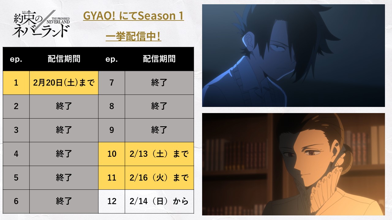 約束のネバーランド 公式 En Twitter Gyao 一挙配信中 アニメ 約ネバ Season 1をgyao にて一挙配信中 第11話を本日より配信 第10話は2 13 土 まで ぜひご覧ください T Co 9feaxklfpc T Co Alc2btpjbq Twitter 約束のネバーランド 公式 En Twitter Gyao 一挙配信中 アニメ 約ネバ Season 1をgyao にて一挙配信中 第11話を本日より配信 第10話は2 13 土 まで ぜひご覧ください T Co 9feaxklfpc T Co Alc2btpjbq Twitter