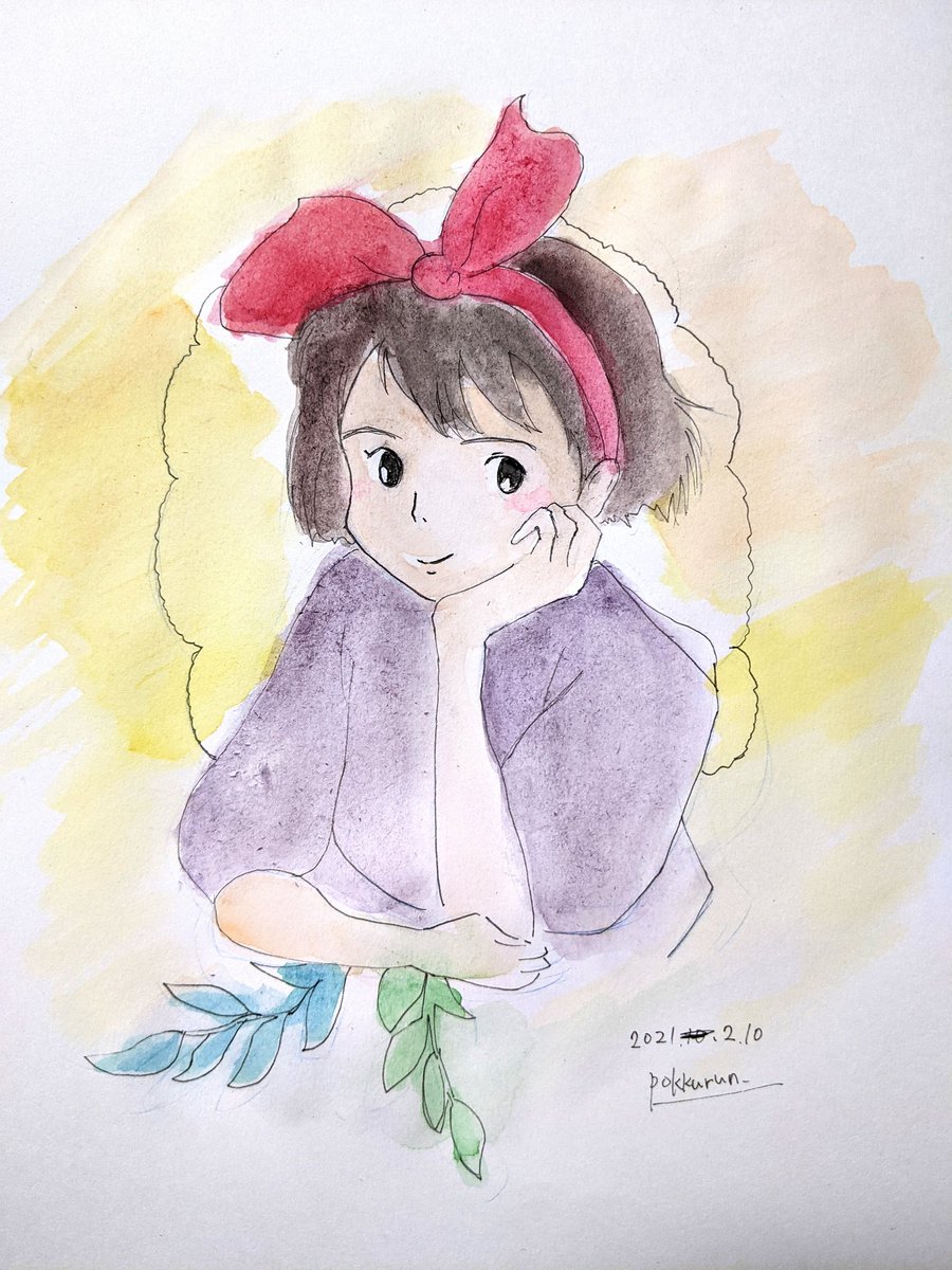 ぽっくる 塗り絵下手なので魔女の宅急便のキキを描いてみたよ ちょい 紙がまけちゃったんだけど 100均のスケッチブック 100均の固形水彩 100均の水筆を使いました T Co Gj5j3rp2df