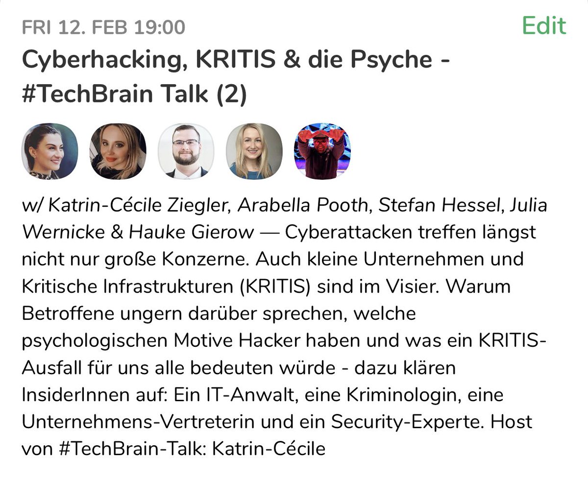 KatrinCecile's tweet photo. #TechBrain Talk diesen Freitag um 19 Uhr auf Clubhouse zu #Cybersecurity.
Link: https://t.co/UVREkRHJGT
@stefan_hessel https://t.co/1YDkZ6Y3Za