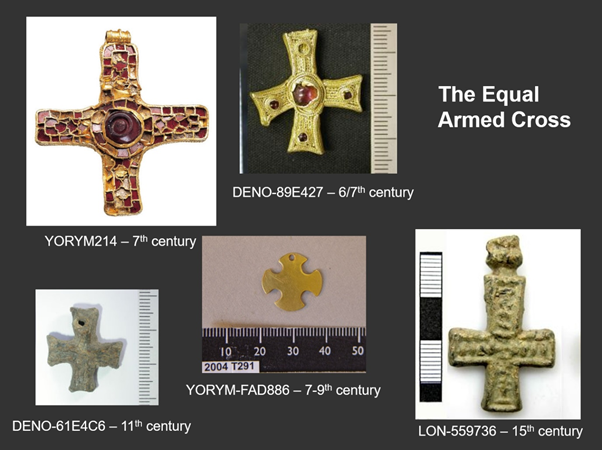 So why a Latin Cross? This is the name for the form of cross in this pendant, but it is unusual during the early medieval period. We’re more used to seeing Christian crosses in this equal armed form, as seen in these examples, and as we can see this was a long-lived form.