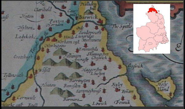 The Ord cross was found south-west of Berwick traditionally the Chapelry of Tweedmouth, in turn part of a group of estates/townships within Islandshire. In the early medieval period this was part of a larger parish that belonged to Lindisfarne (yes, *that* early medieval island!)