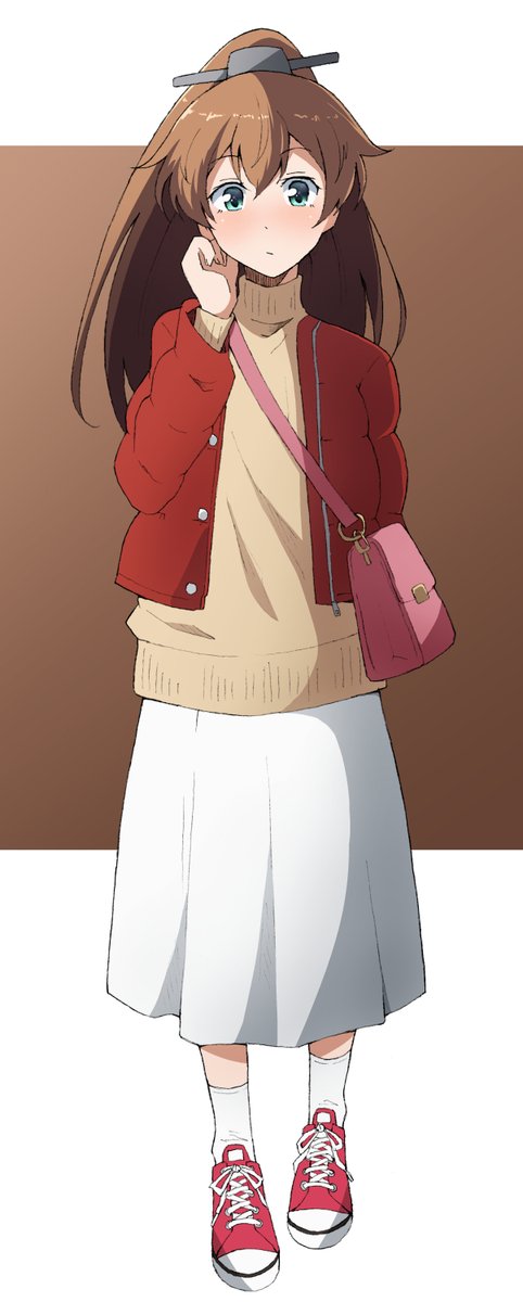 kumano (kancolle) 1girl solo long hair brown hair ponytail skirt sweater  illustration images