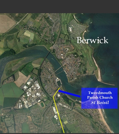 Tweedmouth itself may have Romano-British origins, likely a crossing point or bridge was here leading to the north along the route of the ‘Devil’s Causeway’ Roman road (marked in yellow), probably in the vicinity of the later Parish Church.