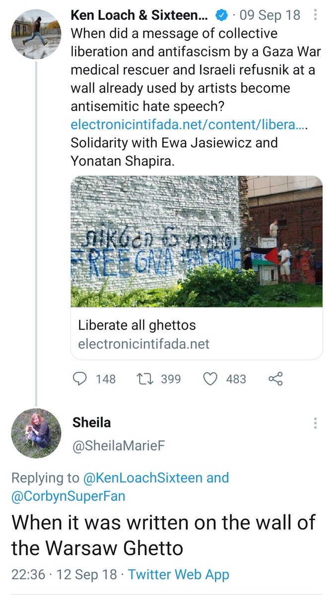 He defended the Warsaw Ghetto graffiti 'cos, y'know, painting Free Palestine on what is a mass Jewish grave, filled before Israel even existed, is all the rage these days I hear. His accommodation and defence of people accused of antisemitism reached a farcical stage by the -