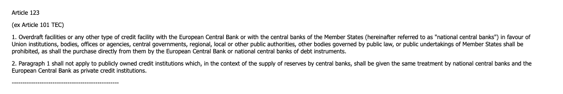 Argument #2: The debt cancellation would violate the European treatiesThe monetization of public debts (and therefore, even more so, their cancellation) is prohibited by Article 123 of the EU Treaty. 9/16
