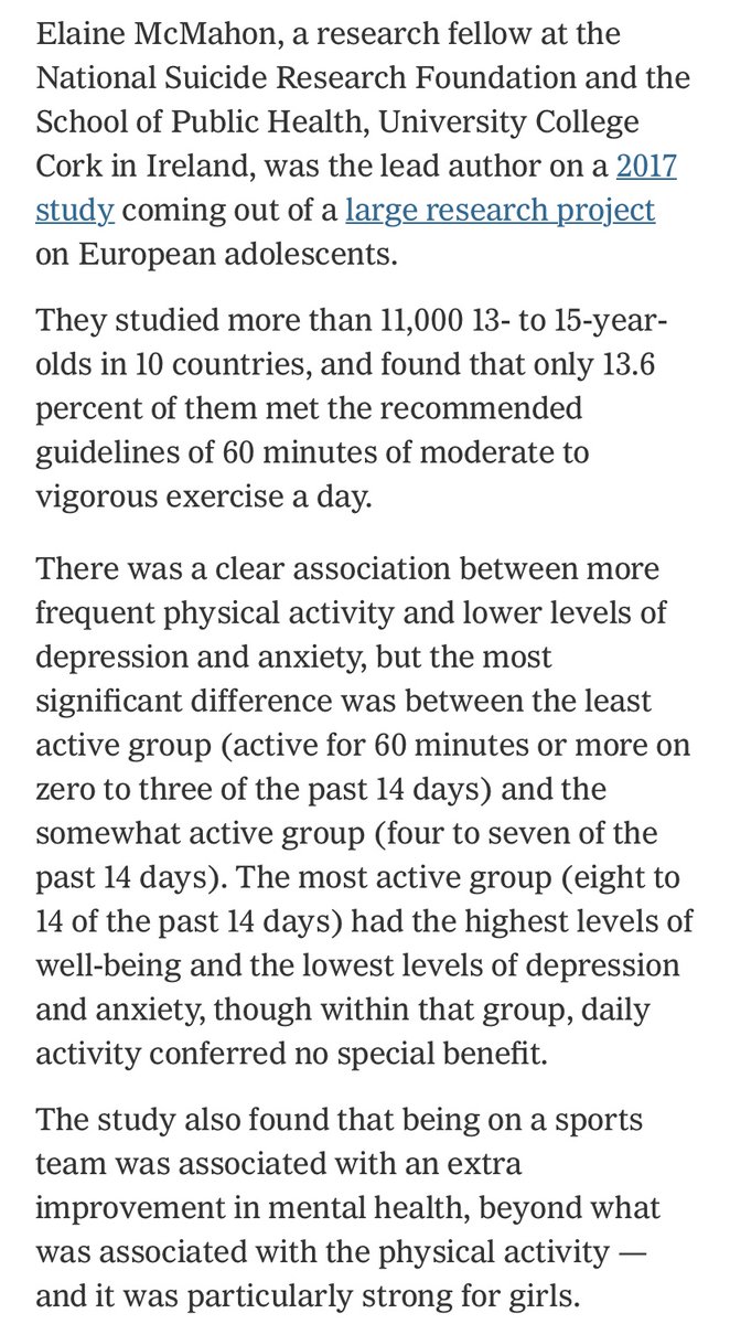 ‘Large research project on European adolescents....They studied more than 11,000 13-15-year-olds in 10 countries & found only 13.6% of them met the recommended guidelines of 60 minutes of moderate to vigorous exercise a day.’ https://www.nytimes.com/2020/03/02/well/family/the-benefits-of-exercise-for-childrens-mental-health.html https://www.thelancet.com/journals/lancet/article/PIIS0140-6736(14)61213-7/fulltext