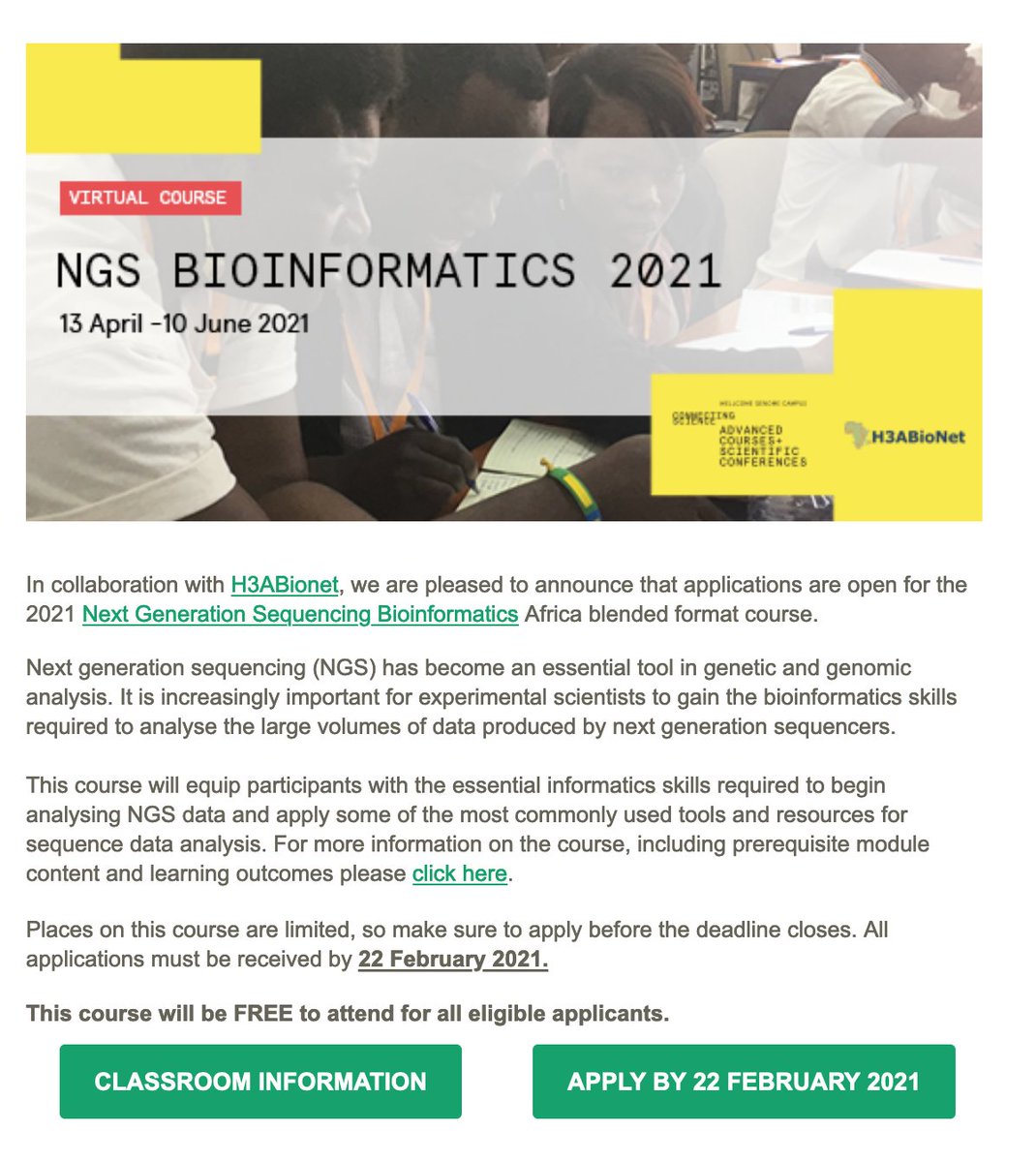 The Wellcome Genome Campus @CSCevents and <a href="/H3ABioNet/">H3ABioNet</a> Next Generation Sequencing Bioinformatics 2021 course call for applications is now open. <a href="/icipe/">icipe</a> is hosting one of the Virtual classrooms. Please apply at shorturl.at/ehpEQ