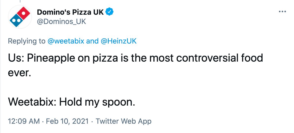 Then from Domino's, with  #PineappleOnPizza now NOT as controversial as 'Weetabeans'