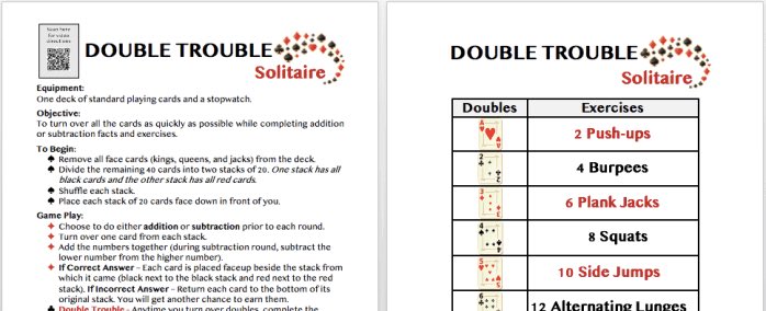 Today’s Active Play game is - Double Trouble Solitaire. KS2 have a video on their Seesaw Accounts to help. You will need a pack of cards or use a virtual set online! You turn 2 cards over, add them together and see which exercise you have to complete 😄🌟 #ActivePlay