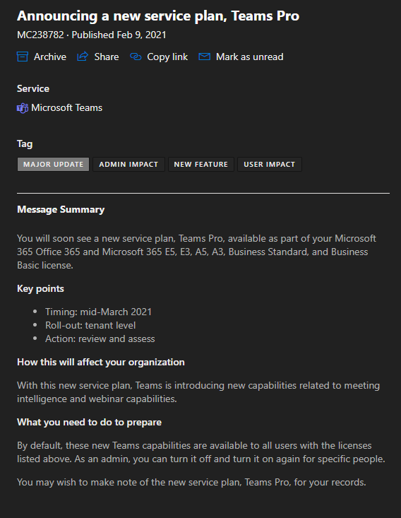 vesanopanen's tweet photo. #MicrosoftTeams Pro announced - message in a Admin Center ( MC238782 ) https://t.co/v8jxfElBUH