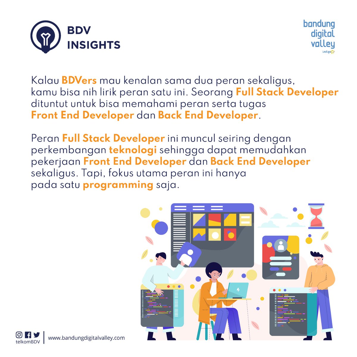IndigoHubBdg's tweet image. Kali ini MinDi ajak BDVers kenalan sama Tim Web Developer! BDVers mau kenalan sama peran yg mana nih? Comment di bawah yaa 😆✨
#webdeveloper #webdeveloperteam #frontenddeveloper #backenddeveloper #fullstackdeveloper