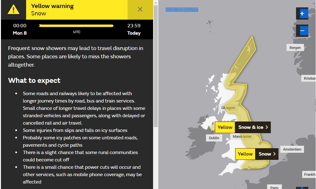 trafficscotland's tweet photo. ⚠️WEATHER WARNINGS⚠️

The @metoffice YELLOW weather warnings for SNOW in place until 23:59 tonight and SNOW &amp; ICE in place until Friday 

More info👉 https://t.co/orpcMeuifU

Essential travel only

#DriveToCondtions #PlanAhead https://t.co/P8E0NphZ5S